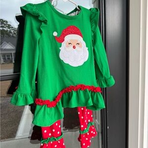 Green Santa Ruffle outfit with Red Polka Dot Leggings